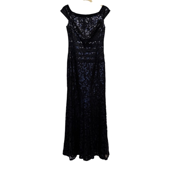 Tadashi Shoji Sequin Navy Blue Sequin Mesh Evening Gown Maxi Dress Size 2 - Picture 2 of 16